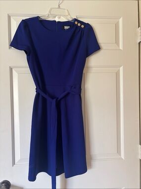 DKNY Cobalt Short-Sleeve Belted Dress with Gold Buttons